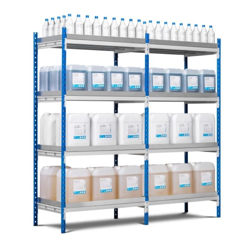 Rayonnage de rétention, Hauteur 2000 mm, Longueur 1000 ou 1250 mm, Profondeur 500 ou 600 mm avec 4 niveaux de bacs de rétention