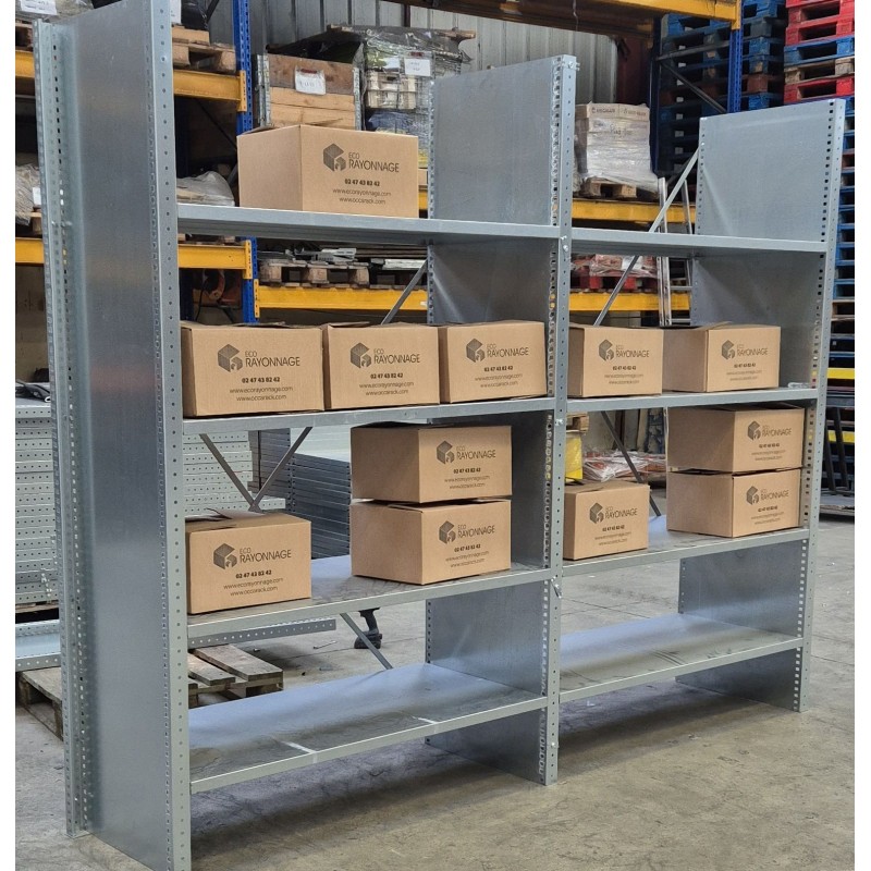 Rayonnage Léger en acier galvanisé, Longueur 5ML, Hauteur 2150 mm, Profondeur 600 mm, 4 niveaux d'étagères, Charge 100kg/niveau